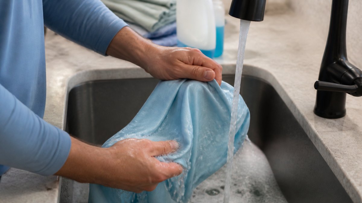 Close-up of hands gently rinsing a performance fishing shirt under cool running water in a sink, with light suds visible and the shirt's moisture-wicking fabric texture clear