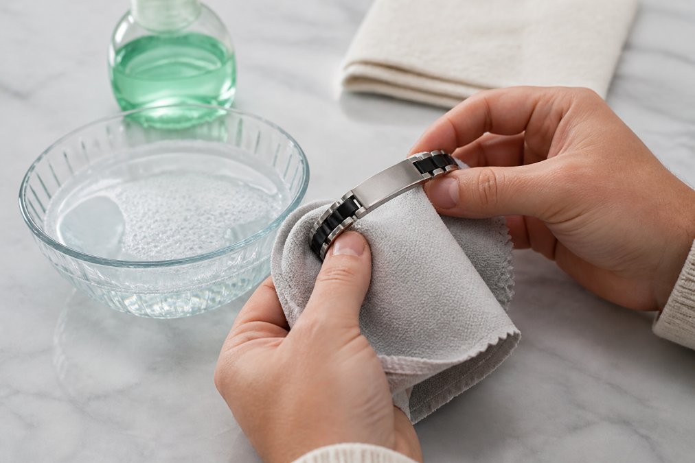 Close-up of hands gently cleaning a personalized stainless steel bracelet with a soft microfiber cloth and mild dish soap in a small bowl of warm water, soft natural light on a clean countertop