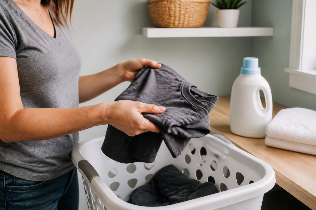 Hands turning a shirt with printed art fabric inside out before laundry to prevent cracking.