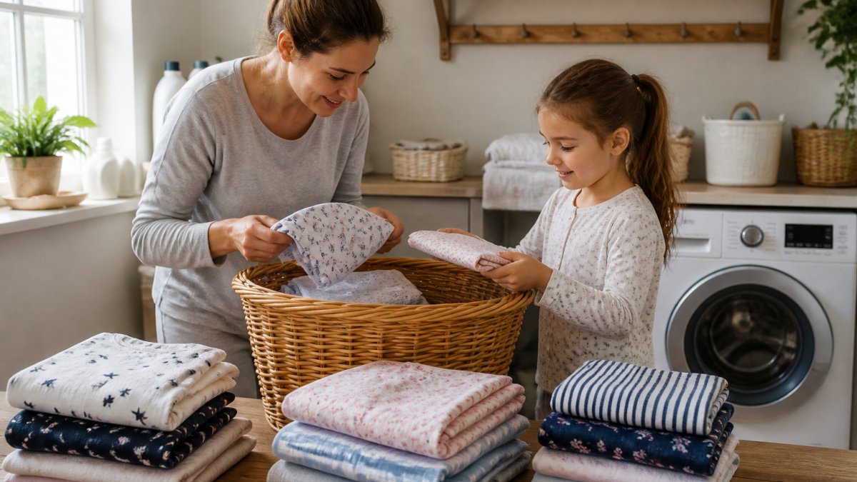 A parent and child sorting folded printed cotton loungewear into a wicker laundry basket in a sunny room