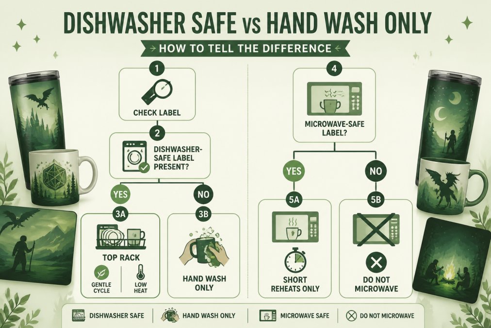 Flowchart for determining if printed drinkware is dishwasher or microwave safe based on product labels.