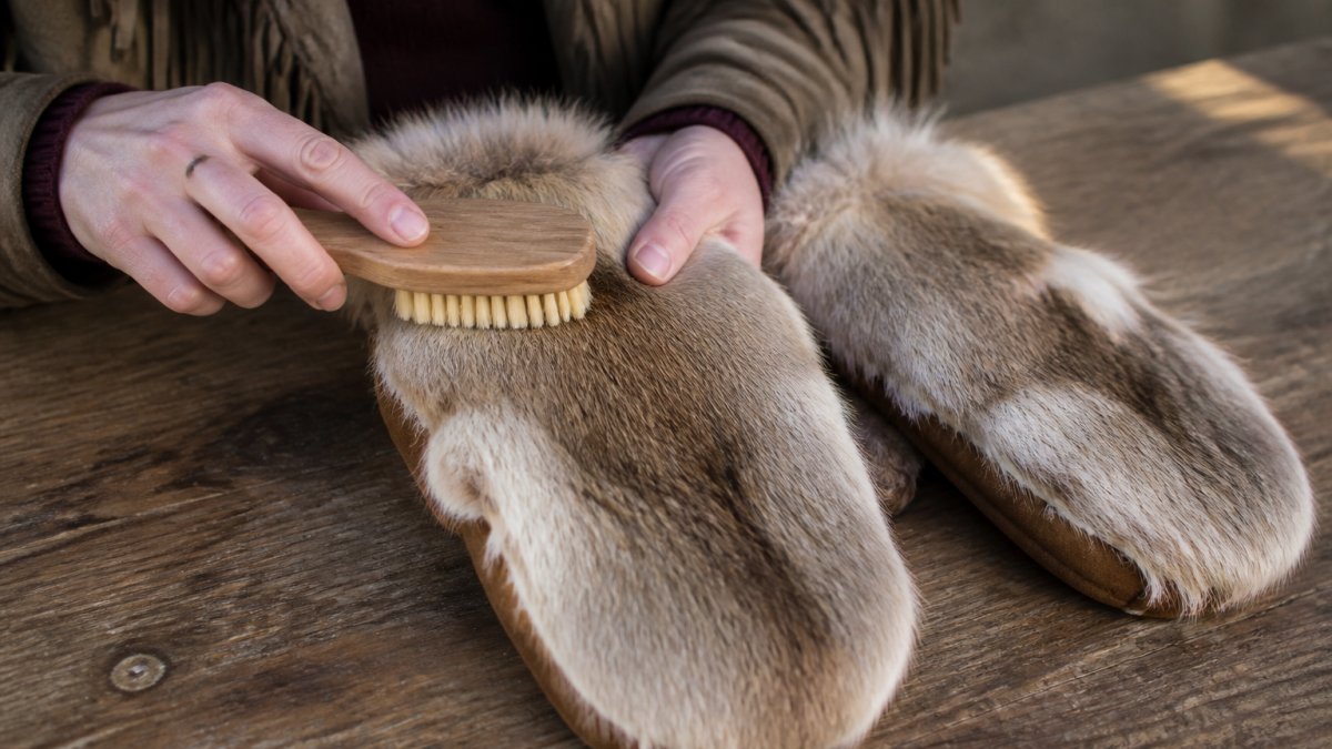 Close-up of hands using a soft bristle brush to gently groom the fur surface of a pair of natural hide mittens resting on a wooden table in soft daylight