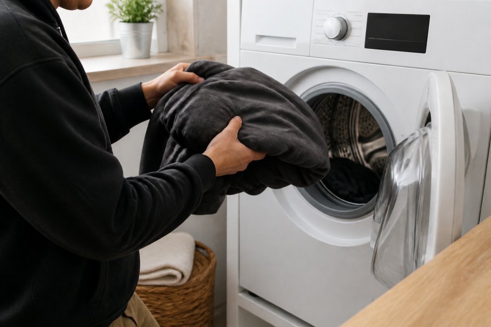 A person turning a heavyweight hoodie inside out before placing it into a front-loading washing machine in a bright laundry room