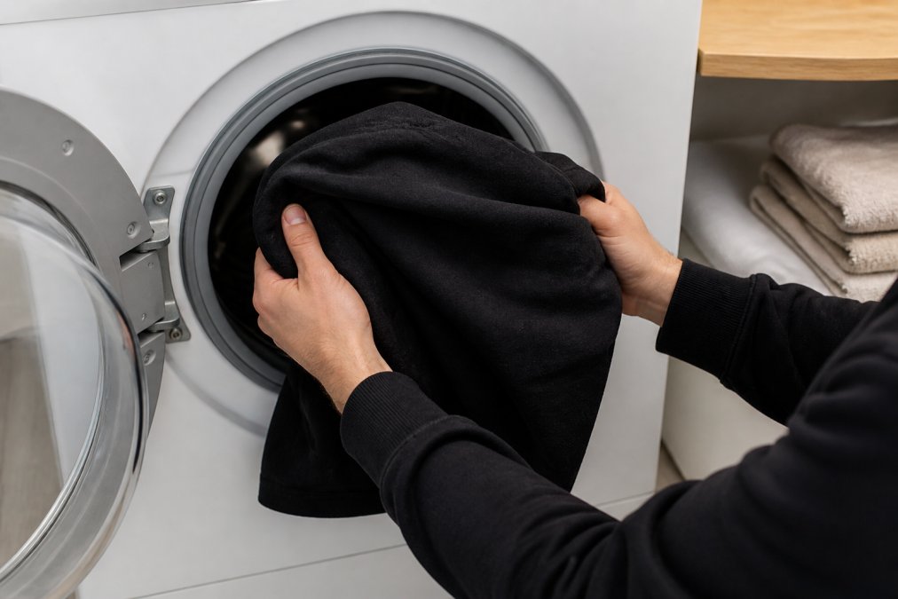 Close-up of hands turning a hoodie inside out over a washing machine, with the screen printed design facing inward to protect it during the wash cycle