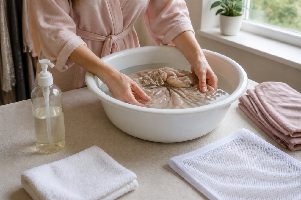 Hands gently washing a delicate silk formal dress in a basin of cool water and mild soap
