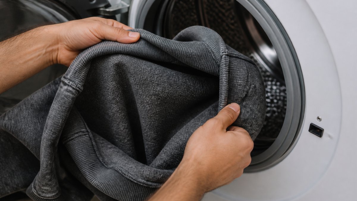 Close-up of hands turning a snow-washed cotton hoodie inside out before placing it in a washing machine, showing the interior texture and fabric detail