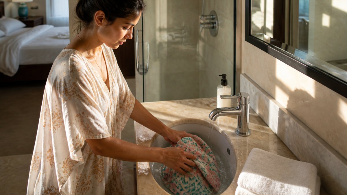 A woman hand-washing a lightweight cotton kaftan in a hotel bathroom sink, with a small bottle of gentle detergent and a towel nearby
