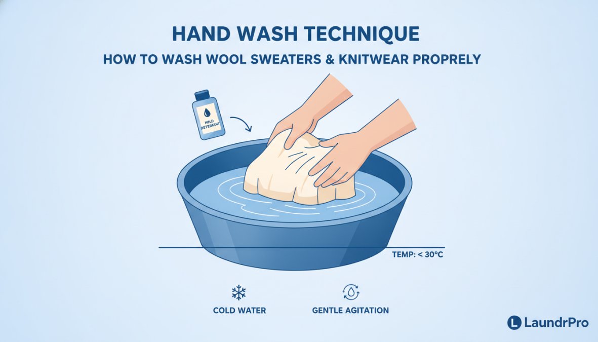 Close-up of hands gently submerging a cream-colored wool sweater into a basin of cold water with mild detergent, showing proper hand-washing technique with soft water movement