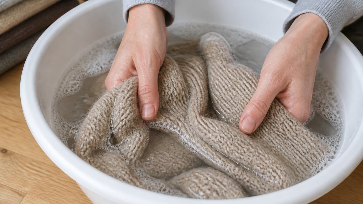 Close-up of hands gently submerging a soft alpaca scarf in a basin of lukewarm water with mild detergent, showing careful handling technique