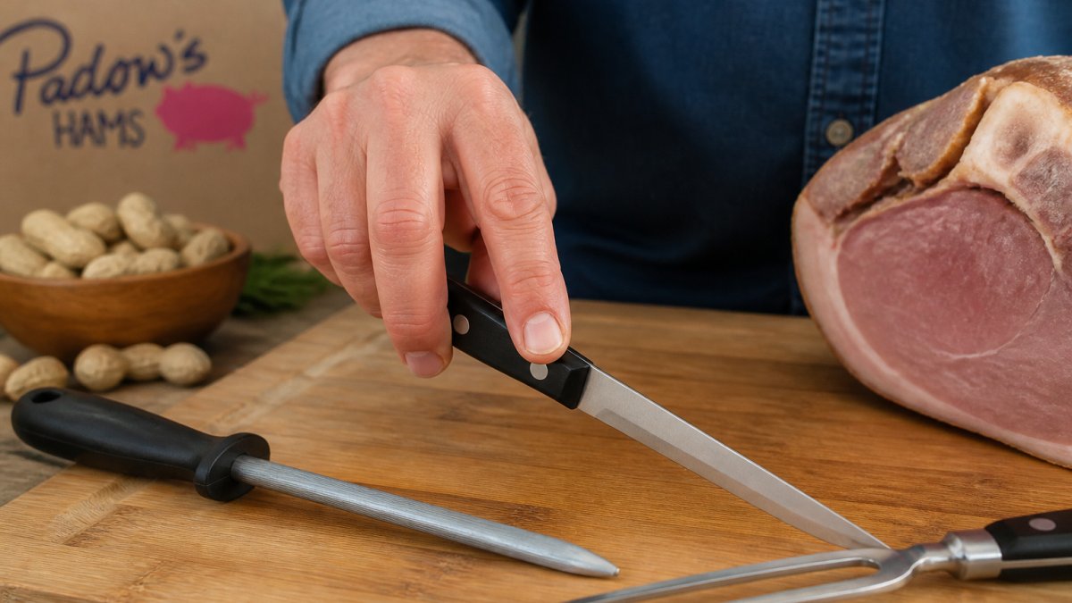 Close-up of a pinch grip on a narrow carving knife beside a honing steel, with a two-tine carving fork resting on a cutting board