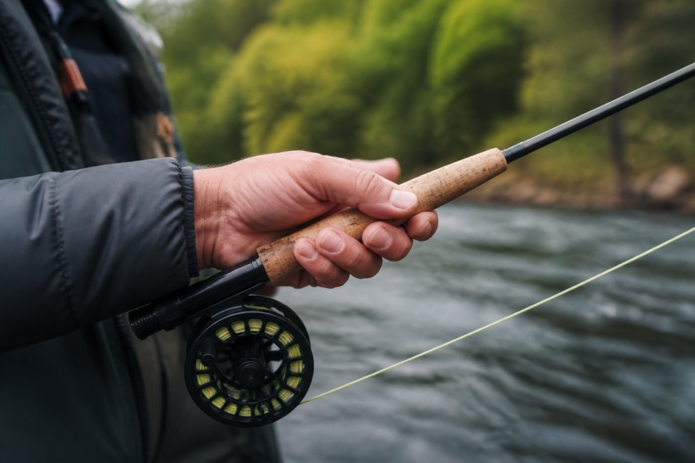Close-up of hands gripping a fly rod correctly, showing proper finger placement on cork handle with dominant hand positioned for control, natural outdoor lighting