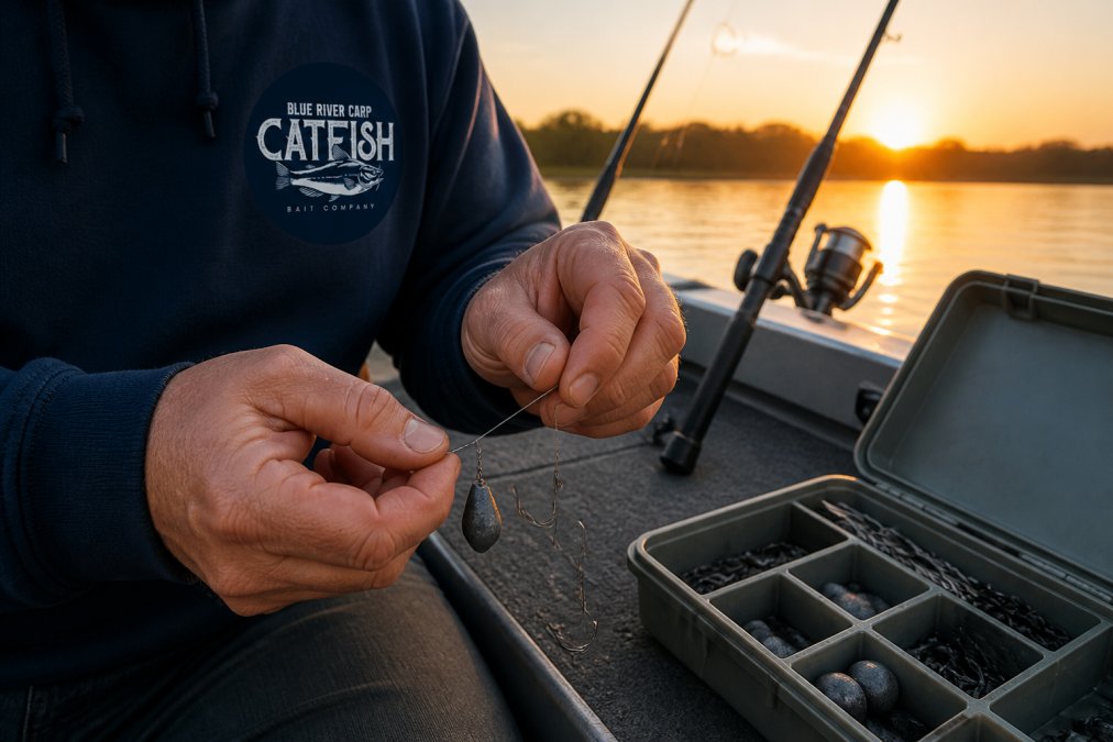 Angler tying a slip sinker rig to catch catfish on a boat at sunrise