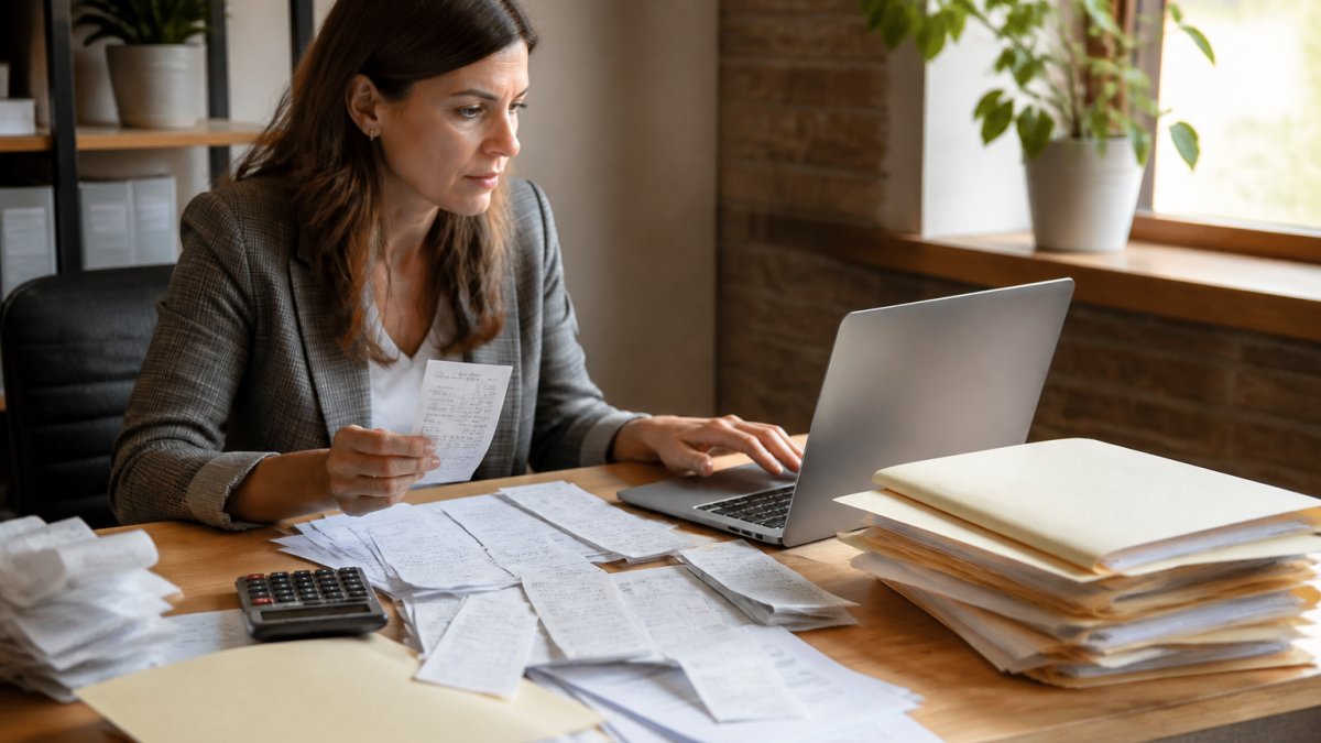 Small business owner at desk reviewing paper receipts and entering expense data into accounting software on laptop, with organized file folders and expense documents visible in natural office lighting