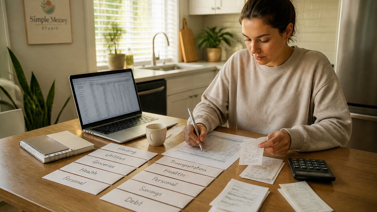 Young adult organizing receipts and financial documents into labeled envelopes to categorize expenses.