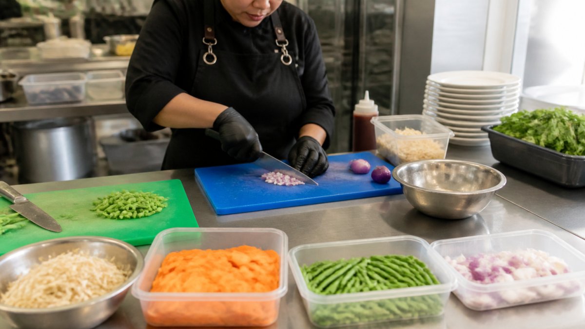 Professional chef organising separate cutting boards, utensils, and prepared ingredients on a clean kitchen bench with natural lighting, demonstrating proper gluten-free food preparation setup