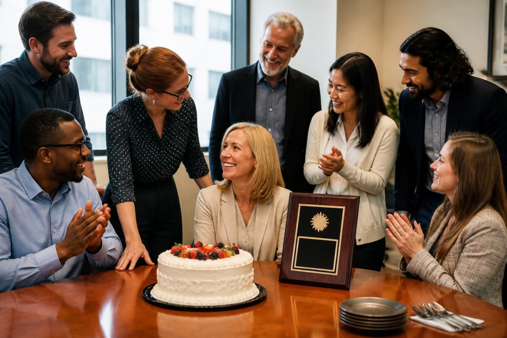 A diverse group of employees gathered around a conference table with a decorated cake and a framed award or plaque, smiling and celebrating together, warm natural lighting from nearby windows