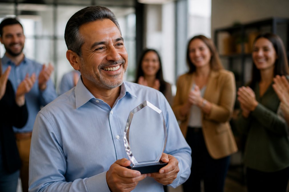 A professional holding a custom engraved plaque or crystal award with their name and years of service displayed prominently, displaying genuine pride and emotion, warm office lighting