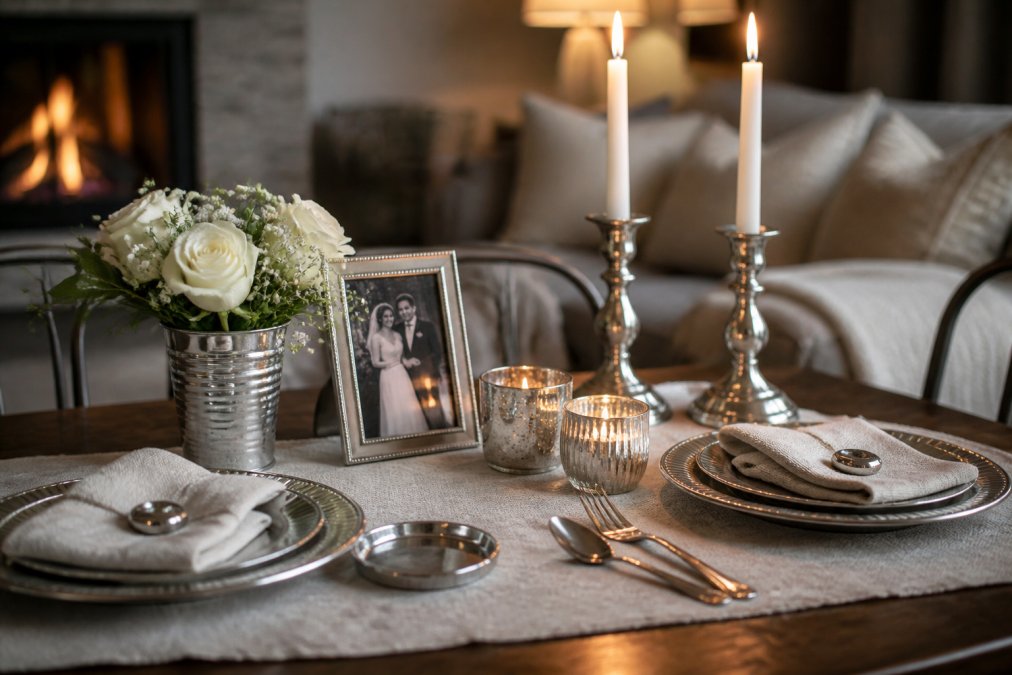 A cozy living room table set for a romantic anniversary dinner, decorated with tin and aluminum accents including a small tin vase, metallic candle holders, and a framed wedding photo, warm candlelight glowing