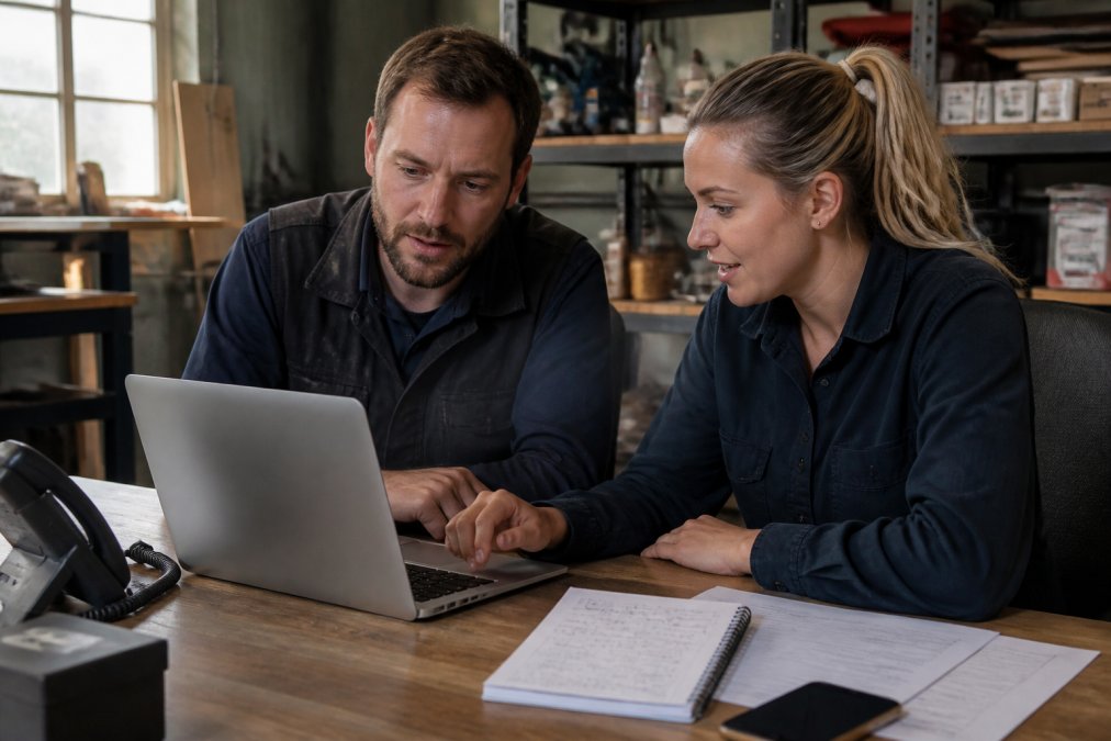 A small trade business owner and an office administrator reviewing a centralized dashboard on a laptop in a bright workshop office, with scheduling notes and a phone on the desk