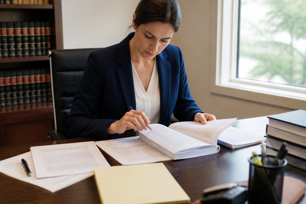 Professional sitting at desk reviewing legal documents and motion papers with a pen in hand, focused expression, natural office lighting