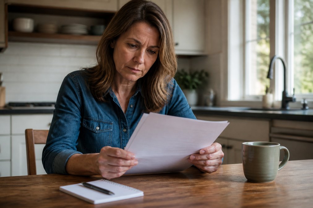 A homeowner sitting at a kitchen table reviewing a formal insurance denial letter, pen and notepad nearby, natural window light, focused expression