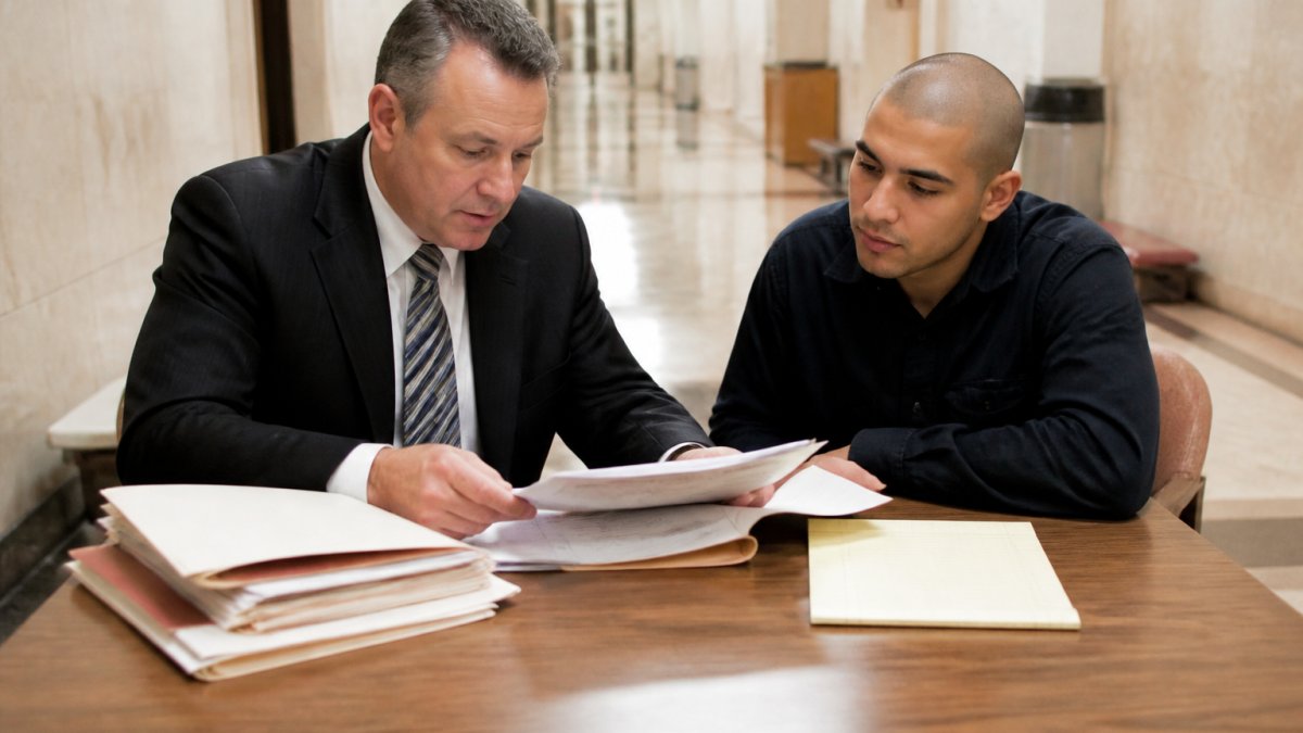 A defense attorney and client reviewing case files at a wooden table in a courthouse hallway, with documents and a legal pad visible