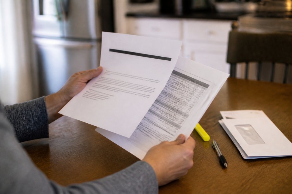 Close-up of a person's hands holding a denial letter and explanation of benefits documents at a kitchen table, with a pen and highlighter nearby
