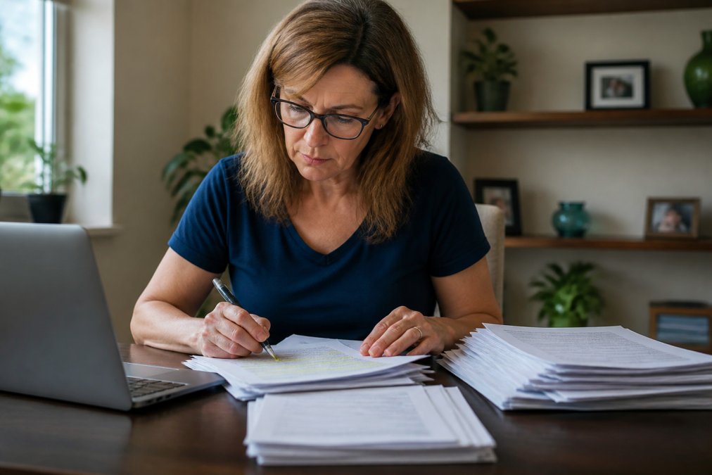 A homeowner sitting at a desk with a laptop and a stack of HOA documents, highlighting sections with a pen, looking focused and determined