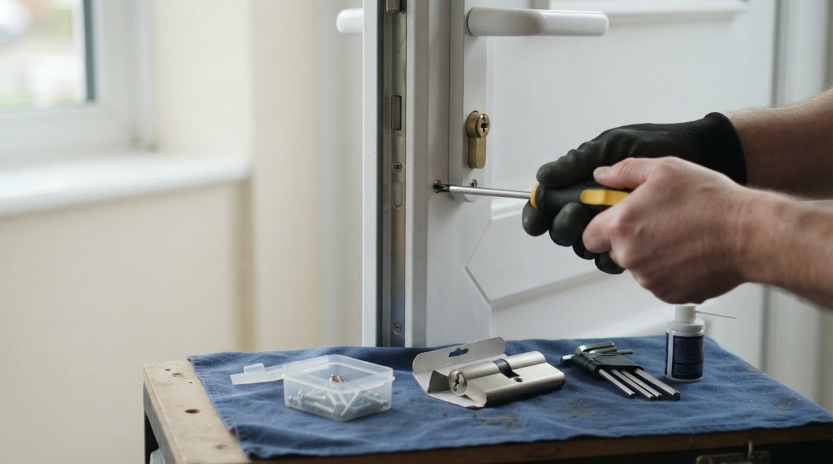 Close-up of hands using a screwdriver to loosen the fixing screw on the edge of a uPVC door, with the euro cylinder visible in the door handle