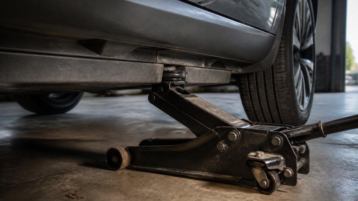 Close-up of an electric vehicle's undercarriage showing reinforced jack points marked clearly with a portable jack positioned correctly for safe lifting on level ground