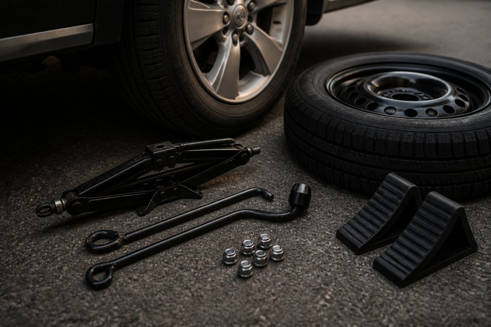 Close-up overhead view of a tire iron, jack, spare tire, lug nuts, and wheel chocks arranged on asphalt next to a vehicle wheel