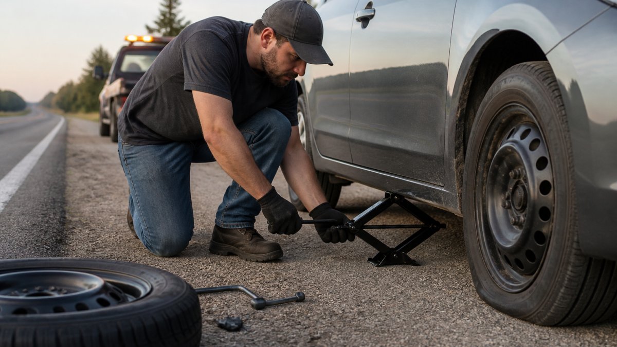 A person kneeling beside a car on the shoulder of a road, positioning a scissor jack under the vehicle's jack point, with the flat tire visible and hazard lights glowing in the background