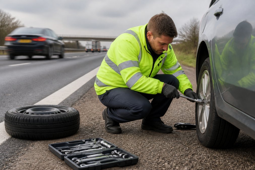 How to Change a Flat Tyre on the Motorway Safely A driver in a high-visibility jacket crouching beside a car on a motorway hard shoulder, loosening wheel nuts with a lug wrench while traffic passes in the background, overcast daylight