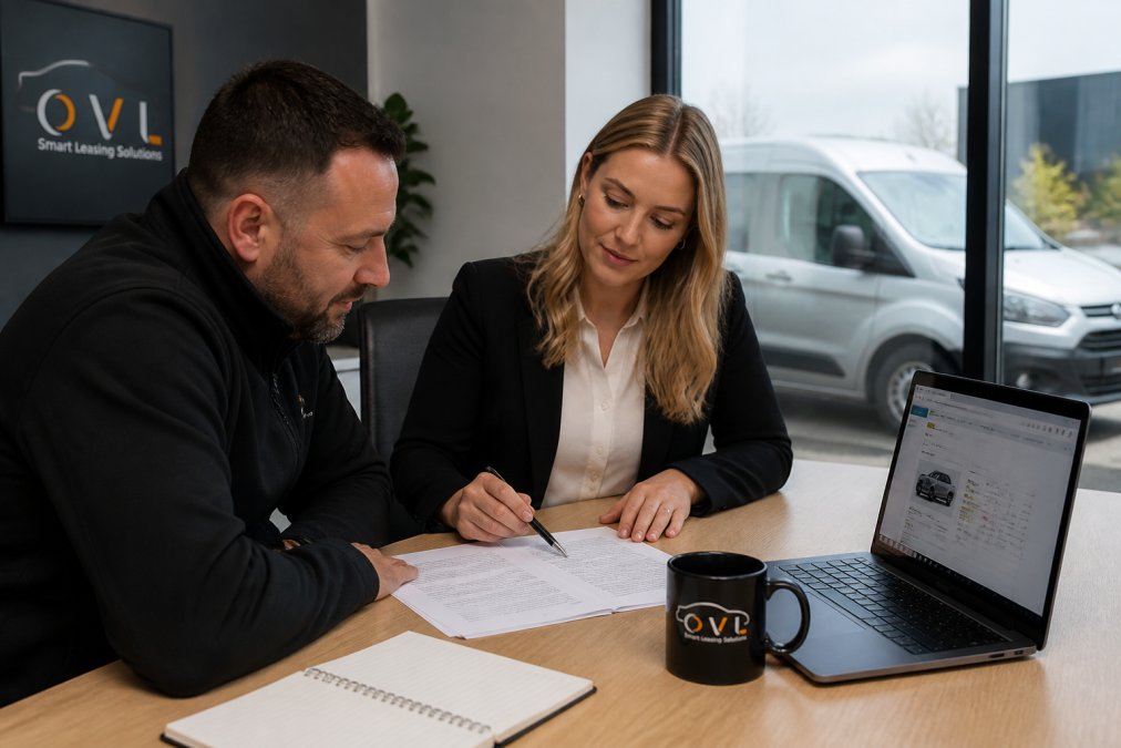 HR advisor and fleet manager reviewing steps for a salary sacrifice arrangement on a digital leasing dashboard