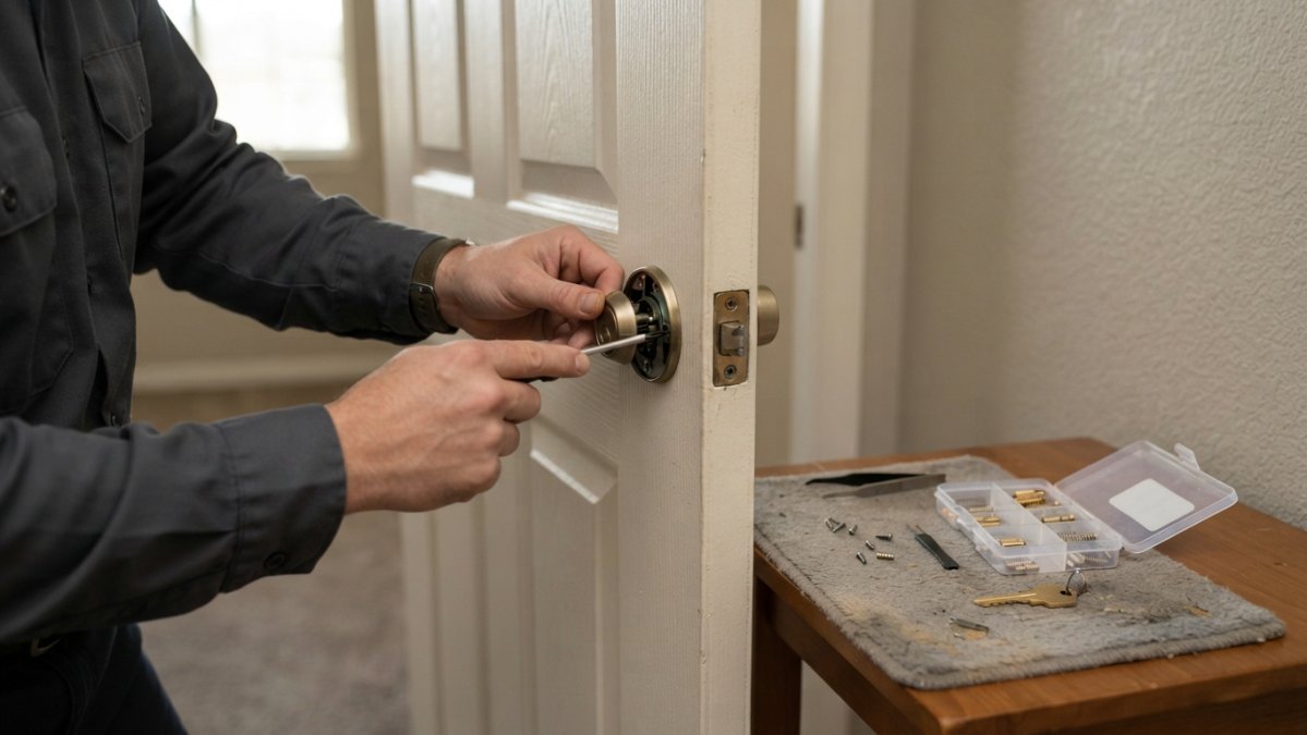 A close-up of hands using a screwdriver to remove a deadbolt from an apartment door, with a small box of new lock pins and a key on a nearby table