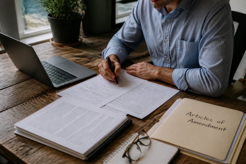 A business owner at a wooden desk reviewing California Secretary of State forms and a laptop, with a folder labeled 'Articles of Amendment' and a pen in hand, warm natural light from a nearby window