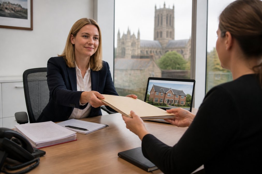 A solicitor in a smart office in Norwich handing a folder of documents across a desk to a colleague, with a laptop showing a property listing in the background