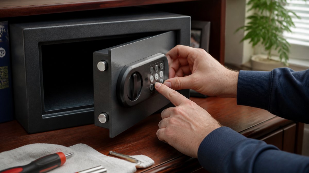 Close-up of a homeowner's hands entering a code on an electronic safe keypad with the safe door open in a home office