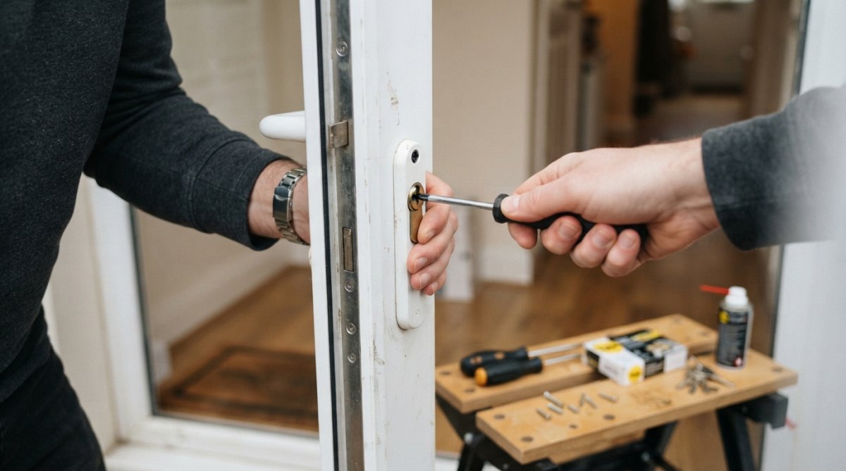 Close-up of a person's hands using a screwdriver to remove the screws from a euro cylinder on a white uPVC door, natural daylight