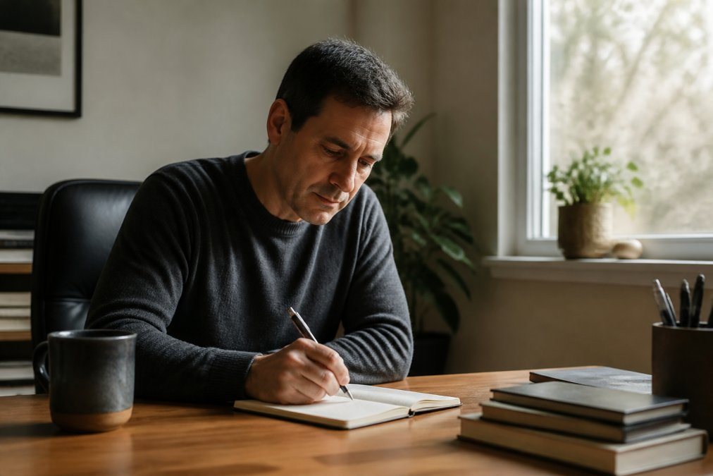 A person writing a thought record in a notebook to shift negative thought patterns in a calm, sunlit office.