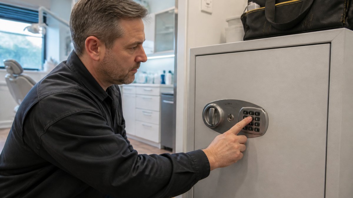 Professional demonstrating how to change safe combination electronic technique in modern clinical setting with natural lighting