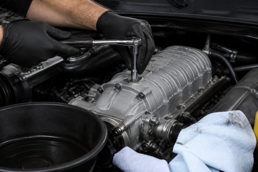 Close-up of a mechanic's gloved hands using an Allen socket and ratchet to loosen the fill plug on a supercharger mounted in an engine bay, with shop towels and a drain pan nearby