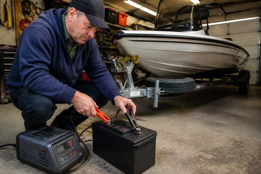 A person in a garage connecting a smart battery charger with alligator clips to a deep cycle marine battery, charger display showing voltage reading, boat on a trailer in the background, overhead shop lighting