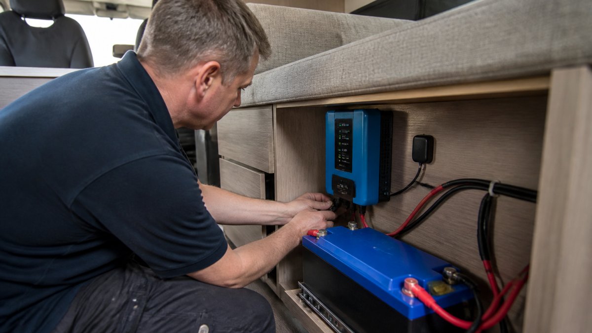Diagram showing the process of connecting a mains battery charger to a lithium power system in a campervan