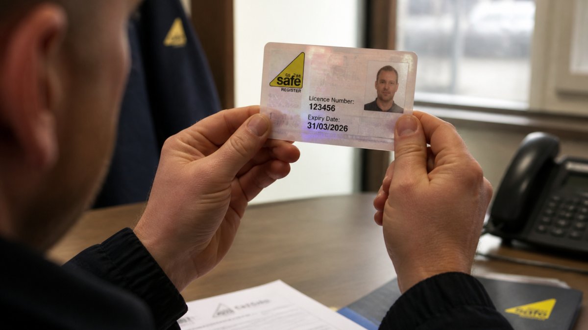 Infographic showing how to check Gas Safe engineer ID cards by verifying the hologram, license number, and expiry date.