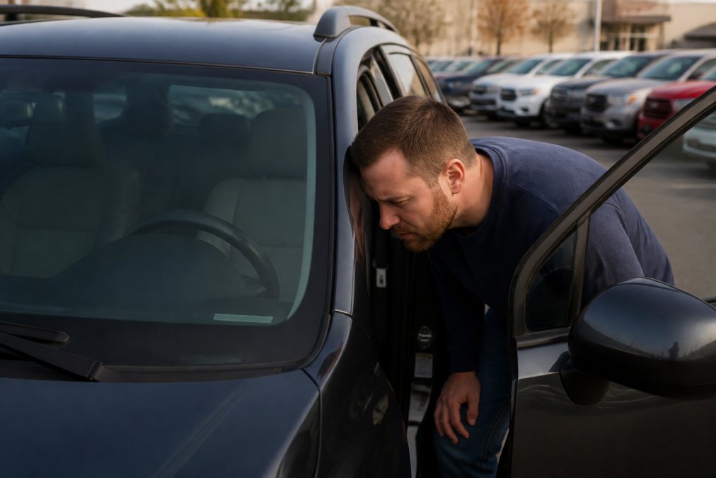Person checking a VIN on a used car dashboard to research its history