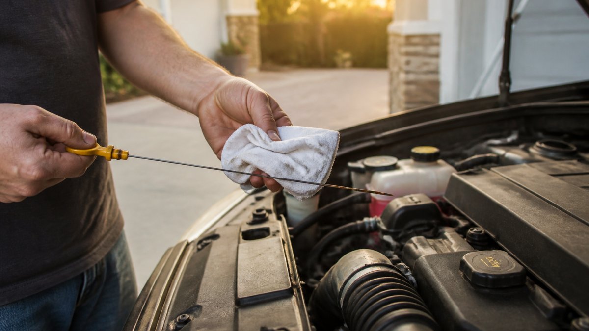 Person pulling a yellow oil dipstick from an engine to check car fluid levels while parked on a driveway