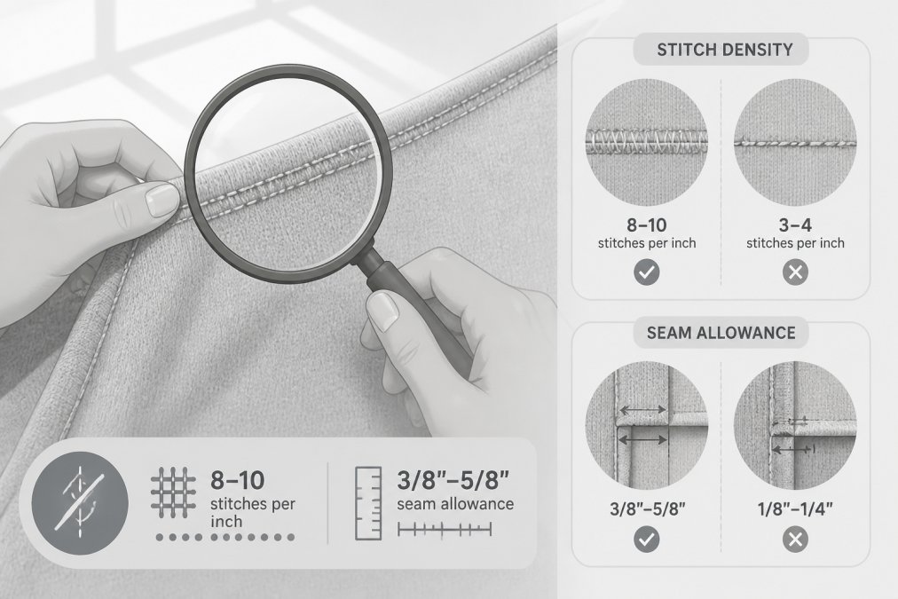 Close-up of hands examining a garment's seam with a magnifying glass, showing detailed stitch density and seam allowance on fabric laid flat on a white surface with natural window lighting