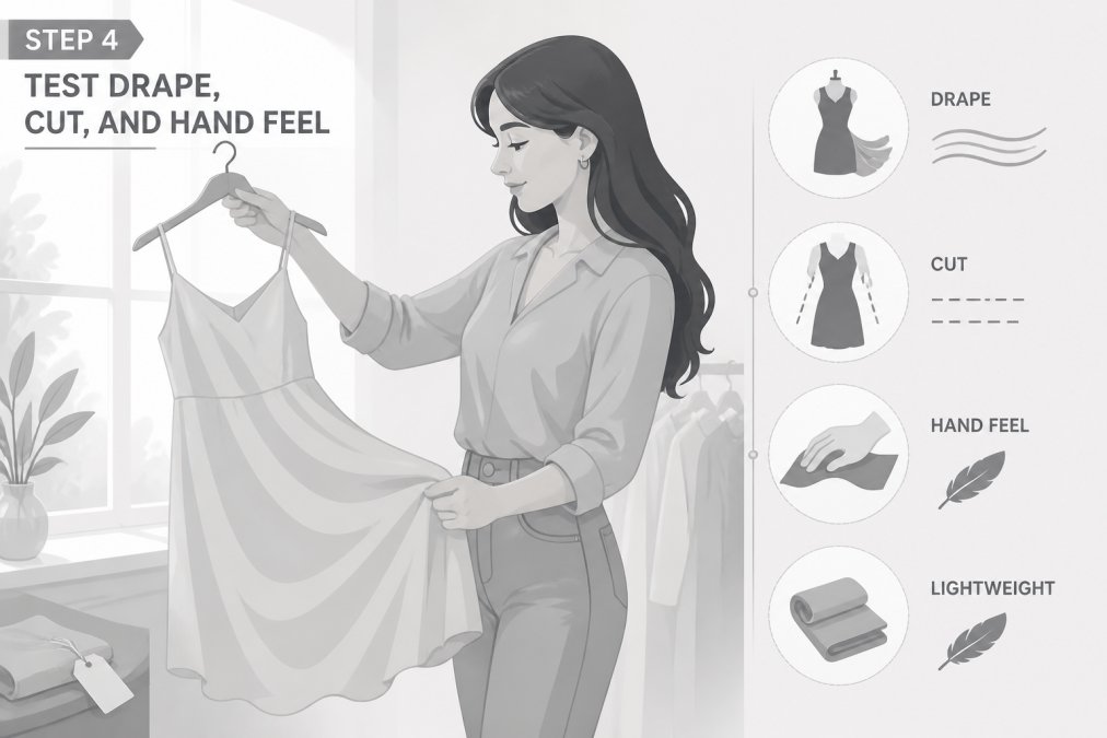 Woman holding up a lightweight dress to observe how the fabric drapes and moves naturally on the body, with soft natural window lighting illuminating the fabric's texture and flow
