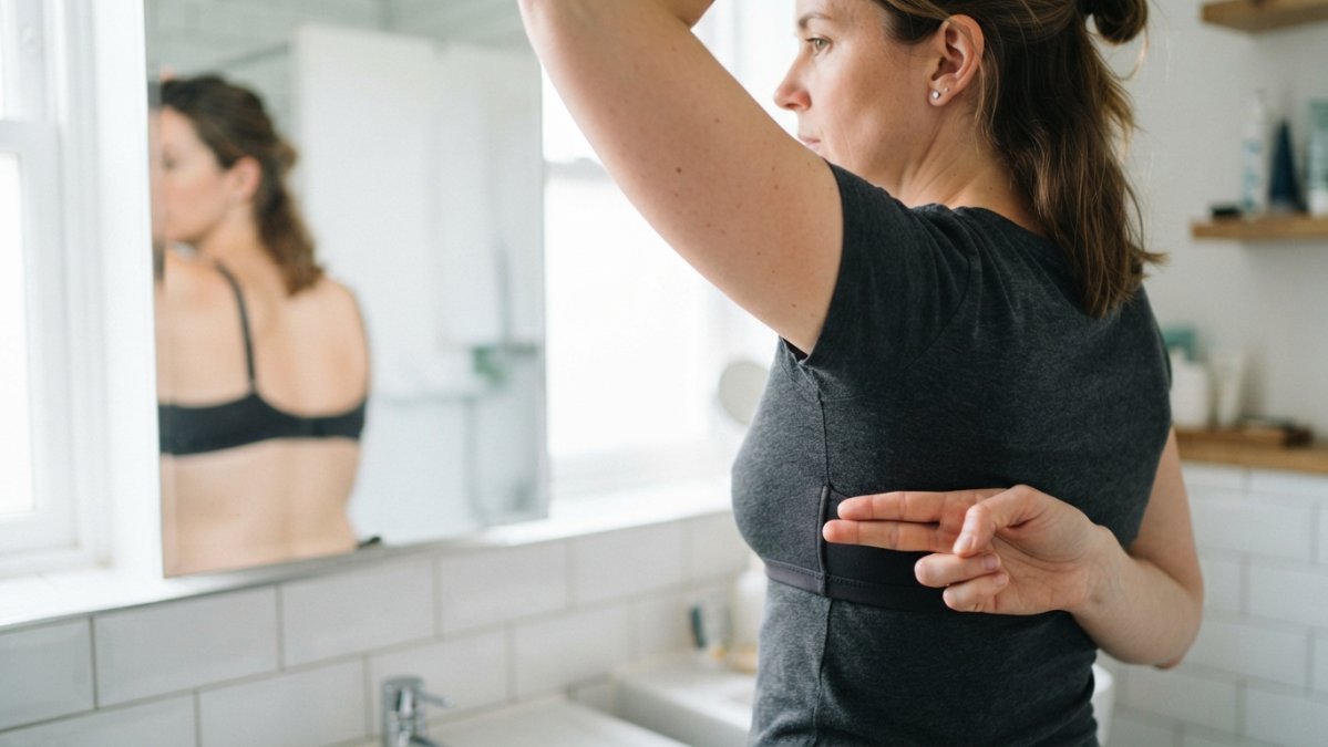 A woman standing in front of a bathroom mirror, fully clothed in a fitted top, pressing two fingers flat under the band of her bra at the side of her ribcage while checking the back position in the mirror reflection